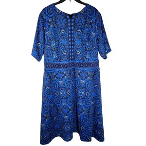 London Style blue and black retro print midi dress Size 18W